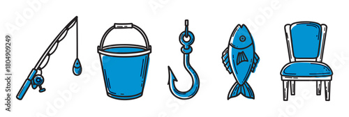 A collection of blue and black fishing equipment icons, including a fishing rod, bucket, hook, fish, and a folding chair, all drawn in a simple graphic doodle style