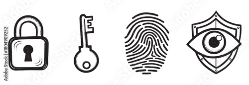 A set of four security and privacy concept icons, featuring a lock, key, thumbprint, and an eye on a shield, all illustrated in a sketchy, monochrome, grunge style