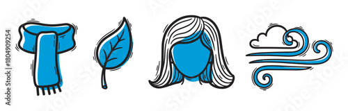 Set of four seasonal icons in a hand-drawn sketch style depicting a cozy scarf, a single leaf, a female silhouette, and a blowing wind symbol for autumn weather