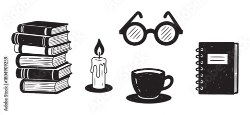 A charming set of hand-drawn doodle icons representing reading and knowledge, featuring a stack of books, round eyeglasses, a lit candle, a coffee cup, and a spiral notebook