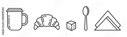 A set of linear icons for a coffee break or breakfast, including a mug, croissant, sugar cube, spoon, and napkin holder, presented in a minimalist black and white graphic style