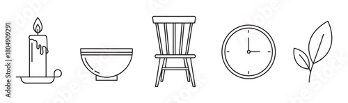 Minimalist black outline icons featuring a burning candle, a simple bowl, a wooden chair, an analog clock, and a sprig with leaves, representing domestic life and simple living