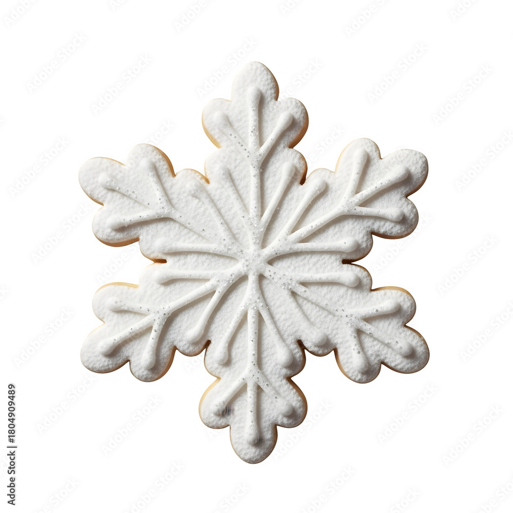 Obraz premium A delicate white snowflake cookie with textured icing is isolated on a transparent background, serving as a clean visual for holiday promotions.