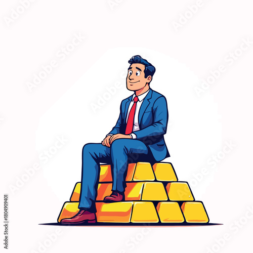 Vsai businessman sitting on stack of gold wealth bars
