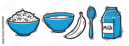 A hand-drawn doodle illustration set of breakfast food items including a bowl of cereal, an empty bowl, a banana, a spoon, and a carton of milk in a simple blue and black style
