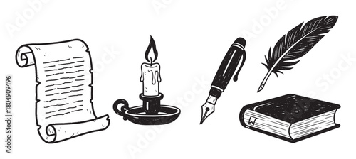 Set of antique writer and literature icons with a manuscript scroll, candlestick, ink pen, feather quill, and old book, illustrated in a classic monochrome doodle style