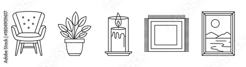 A collection of home interior and decor elements in a minimalist black line art style, featuring a cozy armchair, potted plant, burning candle, fringed rug, and framed picture
