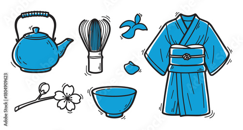 A charming hand-drawn illustration set of traditional tea ceremony items, including a blue teapot, matcha whisk, bowl, kimono robe, and a delicate cherry blossom branch