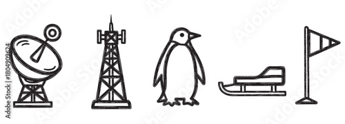 A series of monochrome, hand-drawn illustrations depicting elements of a polar research station, showing a satellite dish, transmission tower, penguin, sled, and a marker flag