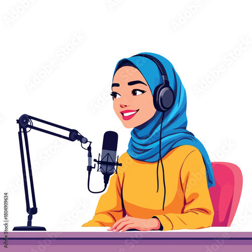 Vsai muslim woman wearing hijab broadcasting podcast program