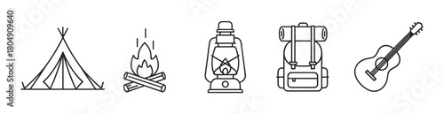 A set of minimalist black line art icons for camping and outdoor adventure, featuring a tent, campfire, lantern, backpack, and acoustic guitar in a clean, simple style