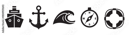 A minimalist set of five black nautical icons representing sea travel and navigation, featuring a ship, anchor, wave, compass, and a lifebuoy in a clean graphic style