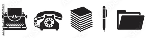 A set of black office icons including a typewriter, rotary phone, paper stack, pen, and file folder, symbolizing vintage business communication and documentation