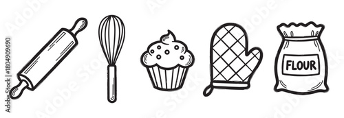 A set of hand-drawn baking icons including a rolling pin, whisk, cupcake, oven mitt, and flour bag, rendered in a simple black and white doodle style for culinary concepts