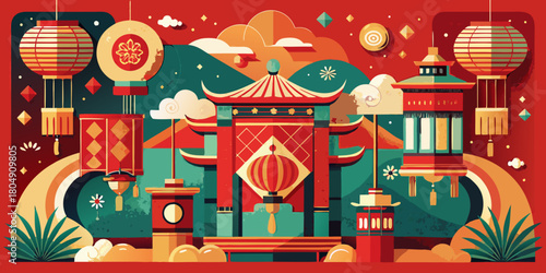 Traditional Asian temple architecture adorned with gold and a stylized Christmas tree on a holiday greeting card
