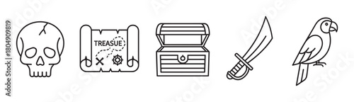 A collection of pirate adventure icons including a skull, treasure map, chest, sword, and parrot, all rendered in a clean and simple black line art style