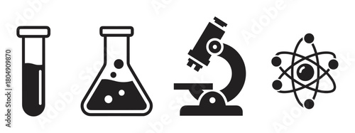 A set of four black science icons, including a test tube, a chemical flask with bubbles, a microscope, and an atom symbol, representing research and education in a minimalist style