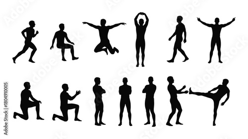 Human silhouettes in various poses isolated on white background, Vector