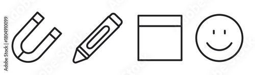 A set of four simple black line art icons including a horseshoe magnet, a crayon, a square note, and a smiley face, representing science, creativity, and communication