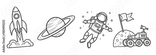 A charming set of hand-drawn space exploration doodles featuring a launching rocket ship, a ringed planet, a floating astronaut, and a lunar rover with a flag on a cratered surface