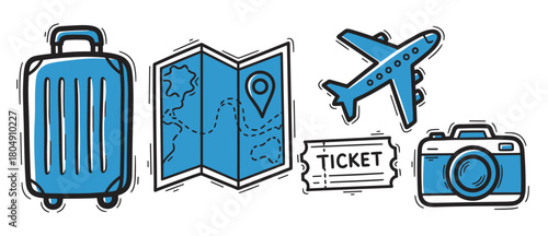 A set of blue travel and tourism symbols with a luggage bag, navigation map, passenger plane, boarding ticket, and photo camera in a fun, sketchy cartoon illustration style