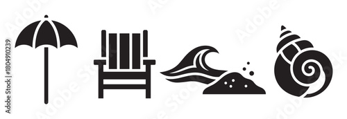 A collection of black silhouette icons representing a summer beach vacation, including a parasol, deck chair, ocean wave with sand, and a spiral seashell in a minimalist graphic style