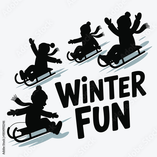 Silhouette Vector Illustration of Kids Sledding Down a Snowy Hill, Fun Winter Sports Activity for Children