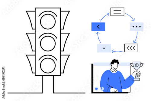 Traffic light outline alongside a cycle diagram showing workflow, progress, or communication. Person holding a trophy reflects success, goal achievement. Ideal for teamwork, productivity, motivation