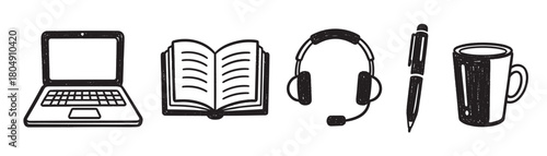 A set of hand-drawn doodle icons representing remote work and online learning, including a laptop, book, headset with microphone, pen, and mug in a simple sketch style