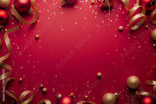Red and gold Christmas flat lay background with glitter, ribbons and baubles – overhead with copy space