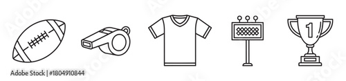 Graphic illustration of various American football elements shown in a simple outline style, including a ball, whistle, uniform, scoreboard, and championship trophy