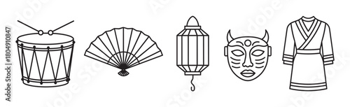 Minimalist collection of traditional festival objects drawn in a simple outline style, featuring a percussion drum, folding fan, paper lantern, horned mask, and a classic robe