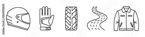 A set of minimalist line art icons representing motorcycle racing gear and elements, including a helmet, glove, tire tread, a winding road, and a protective jacket