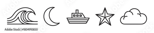 A collection of simple black line icons including a wave, crescent moon, boat, star, and cloud, representing nature, nautical, and night themes in a minimalist graphic style