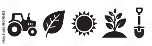 A set of black agriculture icons including a tractor, leaf, sun, sprout, and shovel, presented in a simple graphic style for farming and gardening concepts