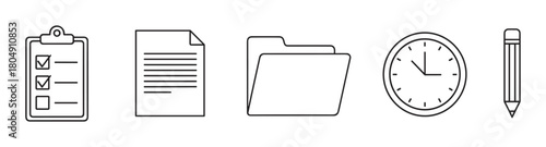 A minimalist set of black outline icons for business and productivity, including a checklist, document, folder, clock, and pencil, representing planning and organization