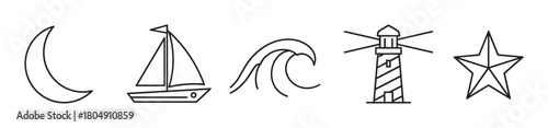 A set of maritime symbols featuring a crescent moon, sailboat, ocean wave, coastal lighthouse, and a star, all depicted as simple black outline vector illustrations