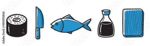A collection of hand-drawn icons related to Japanese cuisine, featuring a sushi roll, knife, fish, soy sauce bottle, and a wooden board in a blue and black doodle style