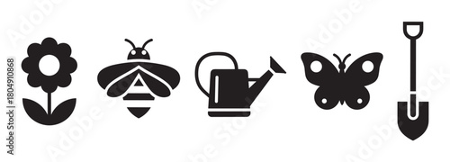 A collection of black silhouette icons representing gardening and nature, featuring a flower, bee, watering can, butterfly, and a small shovel arranged in a horizontal row