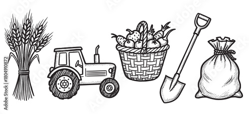 Rustic farming and harvest elements illustrated in a simple black ink sketch, showing a tractor, grain, fresh produce in a basket, a spade, and a full sack