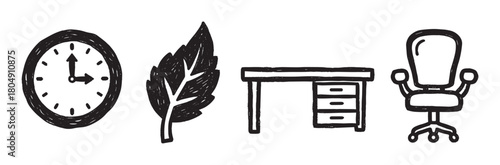 A set of four hand-drawn doodle icons representing office life, including a clock, a leaf, a desk, and a chair, in a simple black and white sketchy style