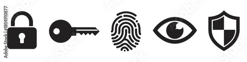 A set of black security icons including a padlock, key, fingerprint, eye, and shield, representing concepts of privacy, protection, and digital authentication