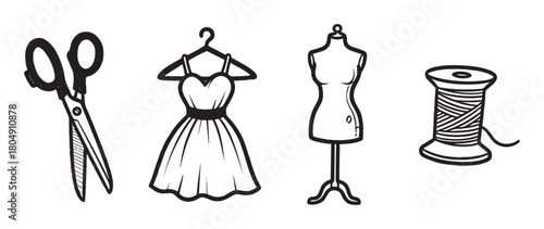 A set of hand-drawn black and white icons for sewing and fashion design, featuring scissors, a dress on a hanger, a dressmaker's mannequin, and a spool of thread in a simple sketch style