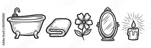 A collection of hand-drawn bathroom and spa icons in a black and white sketch style, featuring a clawfoot tub, folded towel, flower, vintage mirror, and a glowing candle