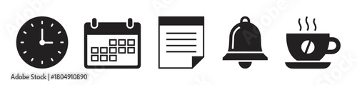 A set of minimalist black silhouette icons for business and office concepts, featuring a clock, calendar, document, notification bell, and a steaming coffee cup arranged in a row
