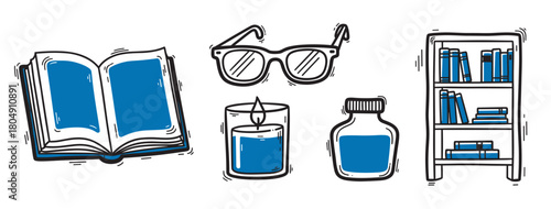 Set of charming, hand-sketched illustrations related to literature and study, featuring an open book, eyeglasses, a burning candle, an inkwell, and a bookcase with blue accents