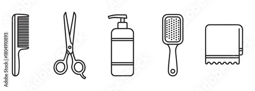 Collection of professional barbershop and beauty salon equipment illustrated in a simple black outline style, showing a comb, shears, shampoo bottle, hairbrush, and towel