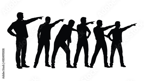 Men silhouettes pointing in unison isolated on white background, Vector