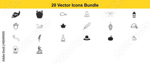 A collection of twenty black vector icons showcasing autumn and whimsical designs