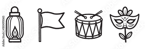 A set of hand-drawn celebration symbols with a rough texture, featuring a vintage lantern, a pennant flag, a parade drum with sticks, and an ornate masquerade mask